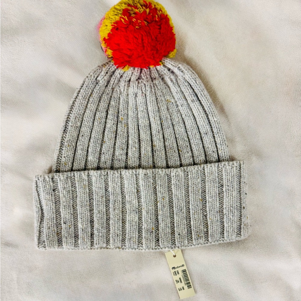 Madewell Gray Adult Knit Beanie with Red and Yellow Pom NWT